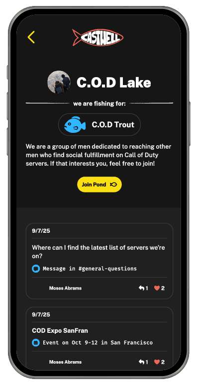 Castwell community pond showing active members, recent posts, and shared mission focus