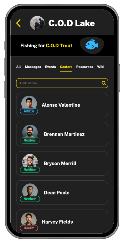 Member list inside a Castwell community pond showing people collaborating around shared outreach goals